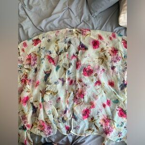 Francesca’s White Cream Light Airy Floral Print Kimono Hummingbirds